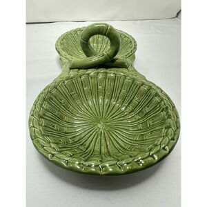 Vintage MCM Pottery Double Green Platter Majolica Italy Asparagus Pattern Handle
